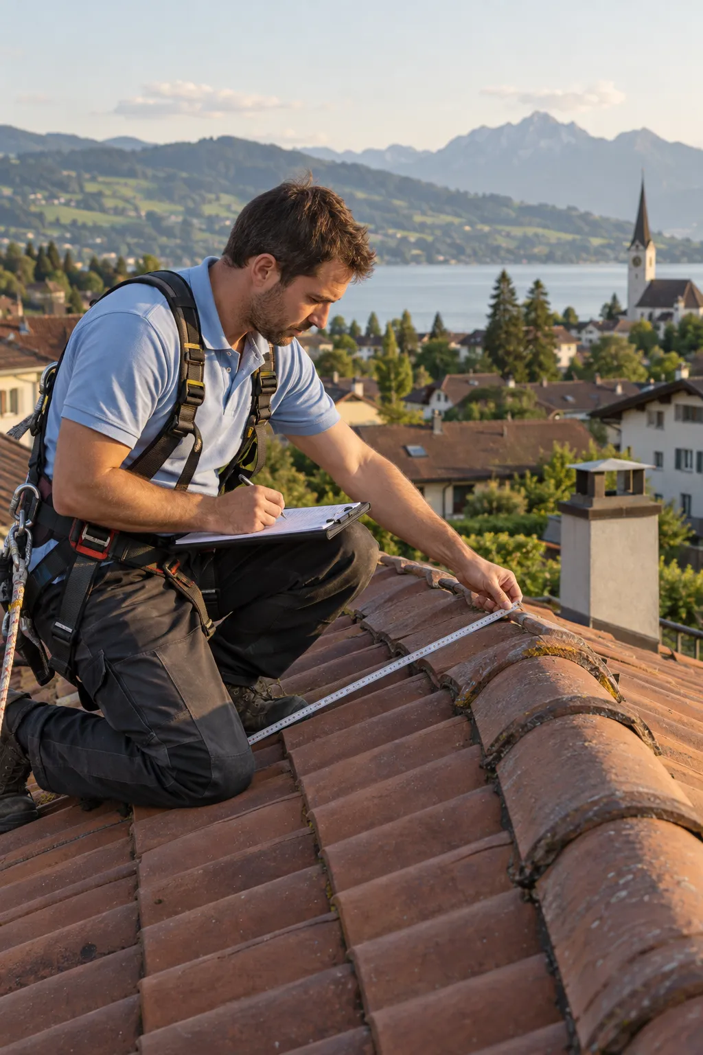 Ein Projektleiter misst die Dachfläche eines Ziegeldachs aus.