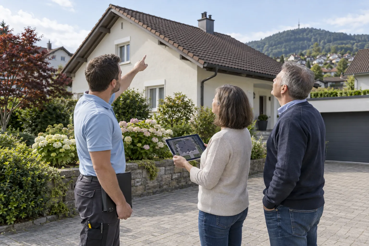 Projektleiter im Gespräch mit einem Ehepaar vor dem Einfamilienhaus.