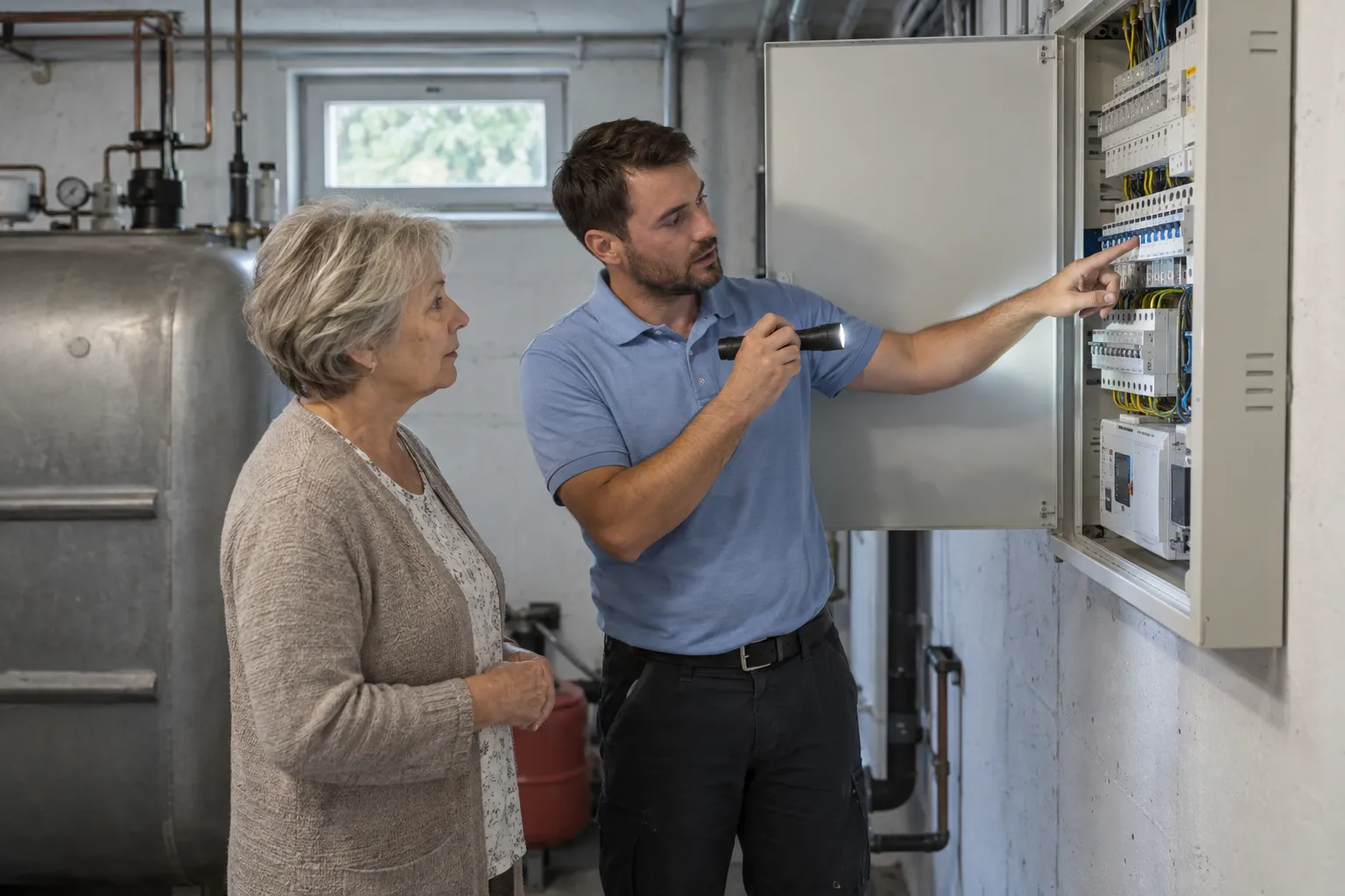 Ein Projektleiter erklärt der Hauseigentümerin den Elektroverteiler.