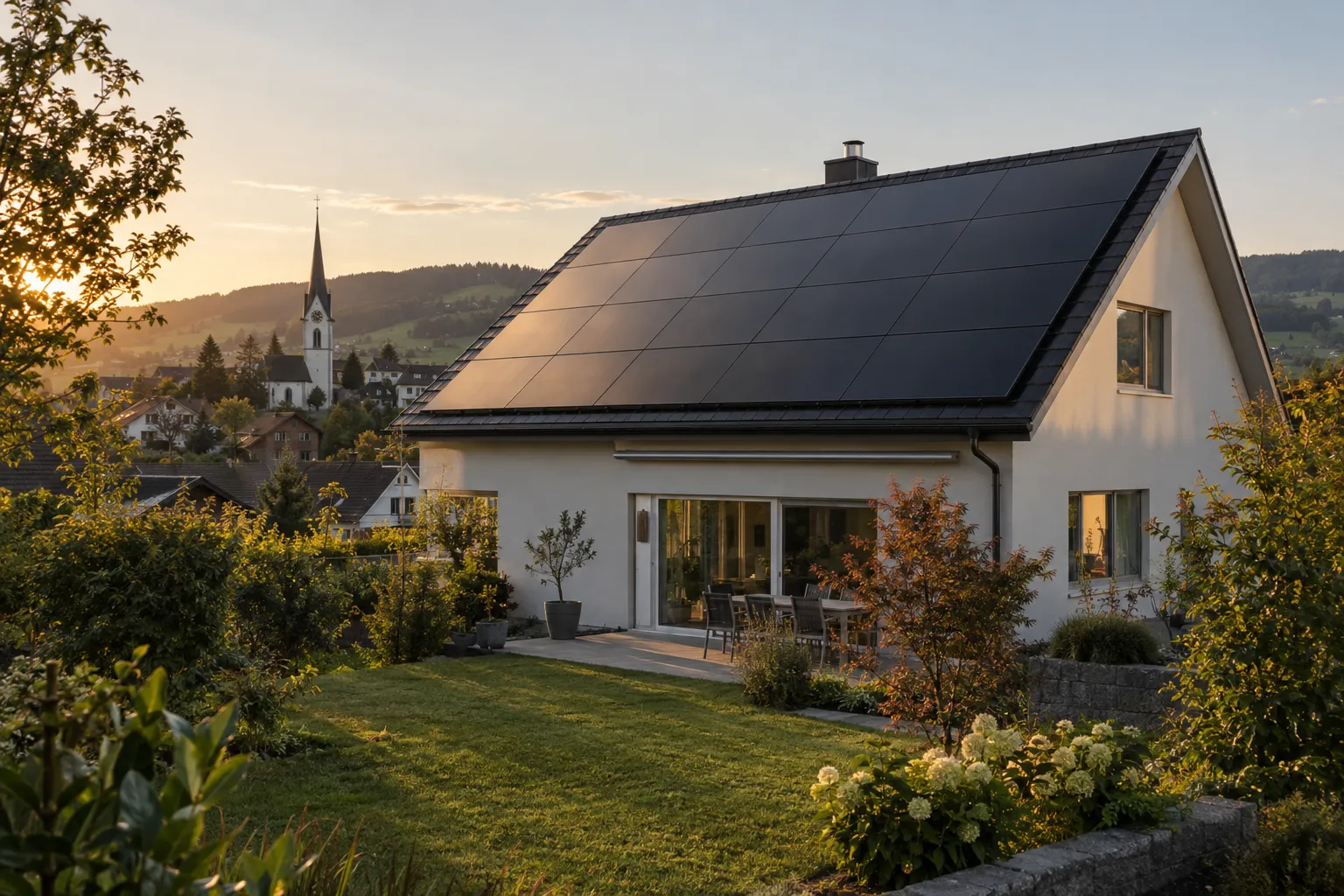 Einfamilienhaus mit dunklen Solarmodulen auf dem Satteldach im Abendlicht.