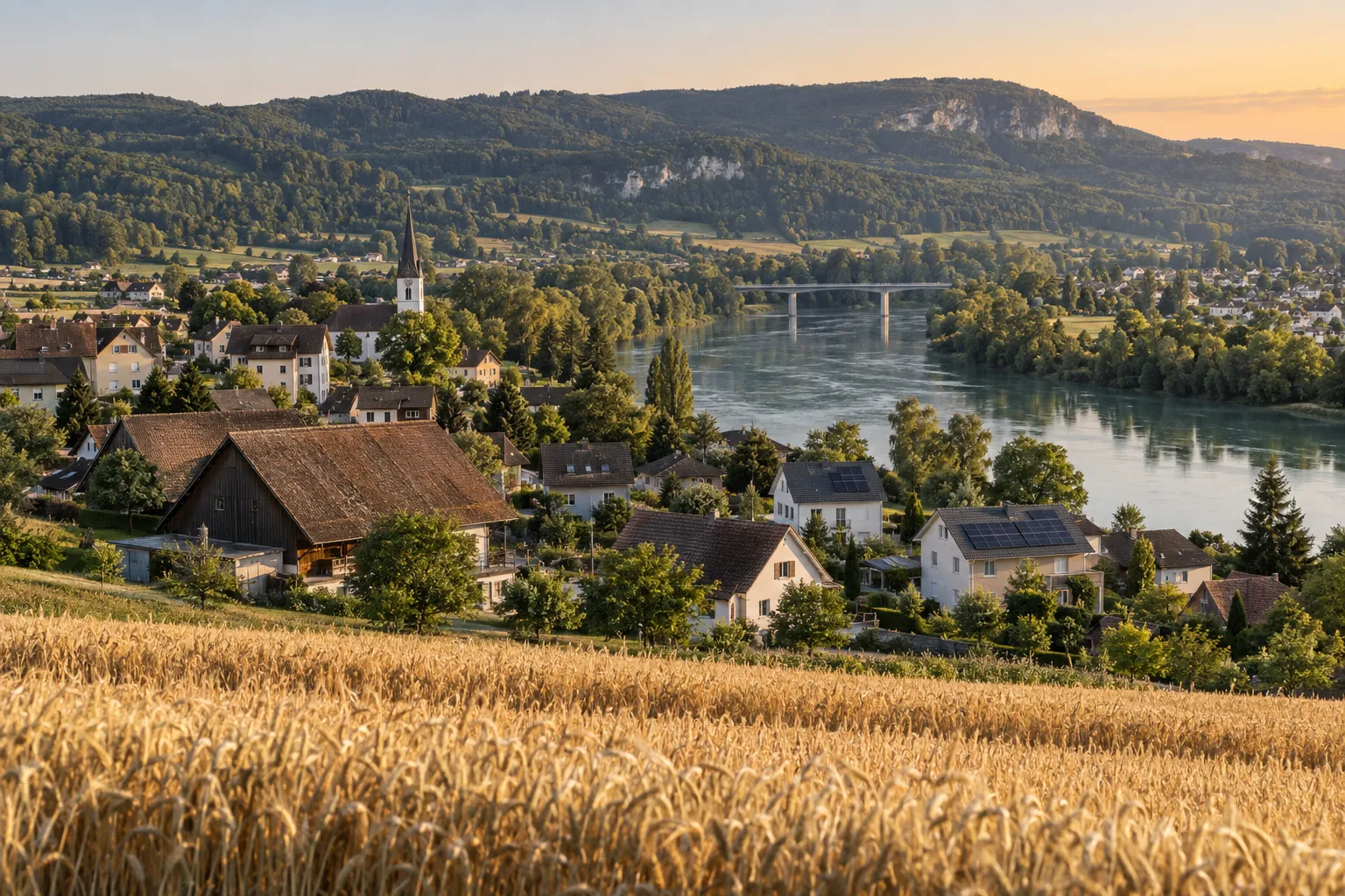 Aargauer Dorf an der Aare mit Solaranlagen, dahinter der Jura.