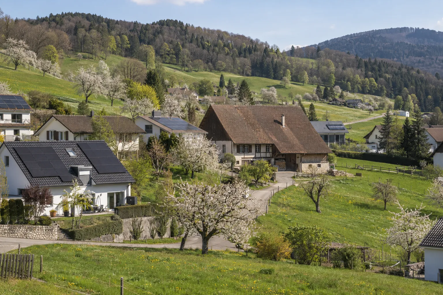 Baselbieter Dorf mit Solaranlagen zwischen Kirschbäumen.