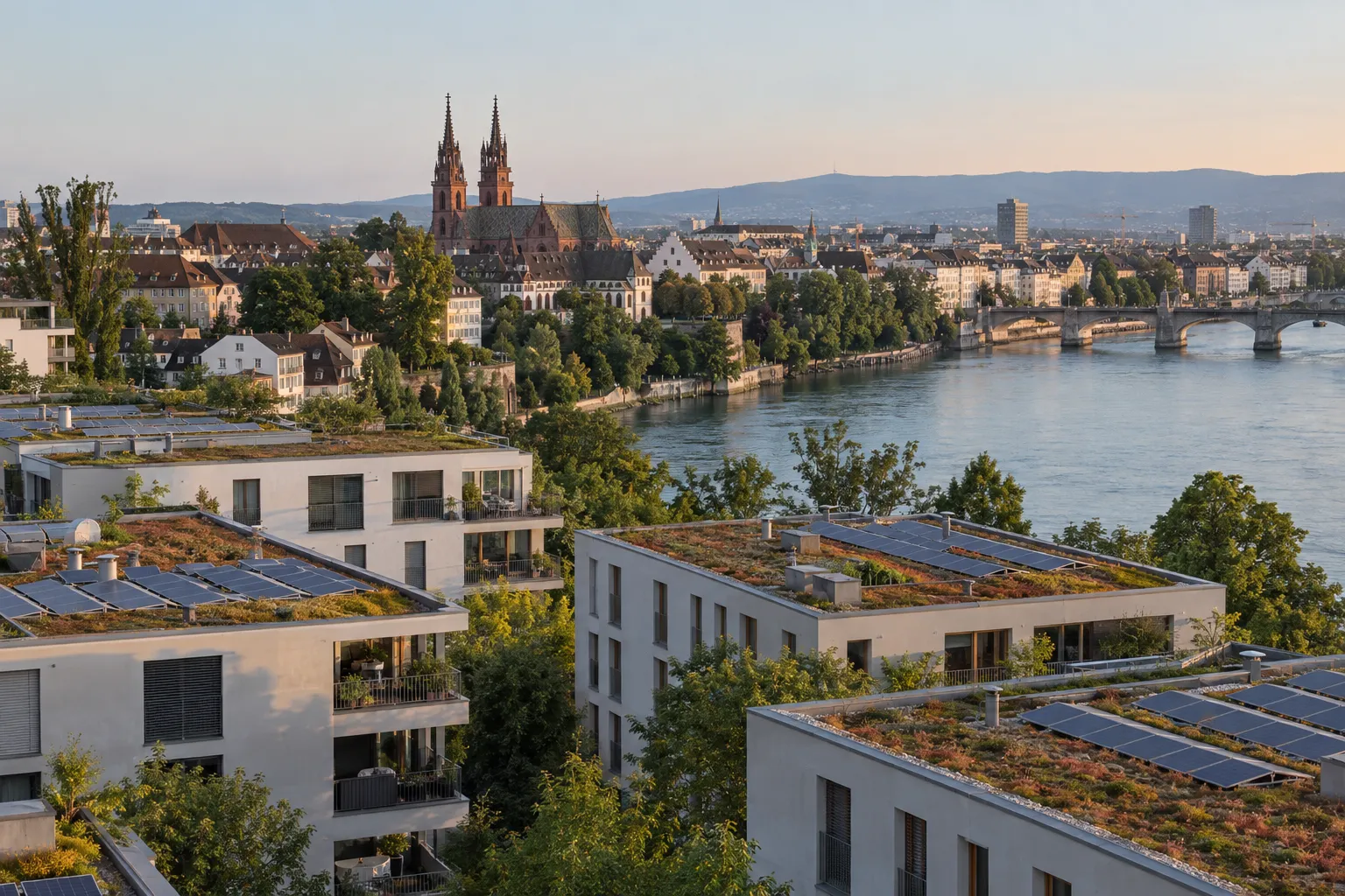 Flachdächer mit Solaranlagen in einem Basler Wohnquartier am Rhein.