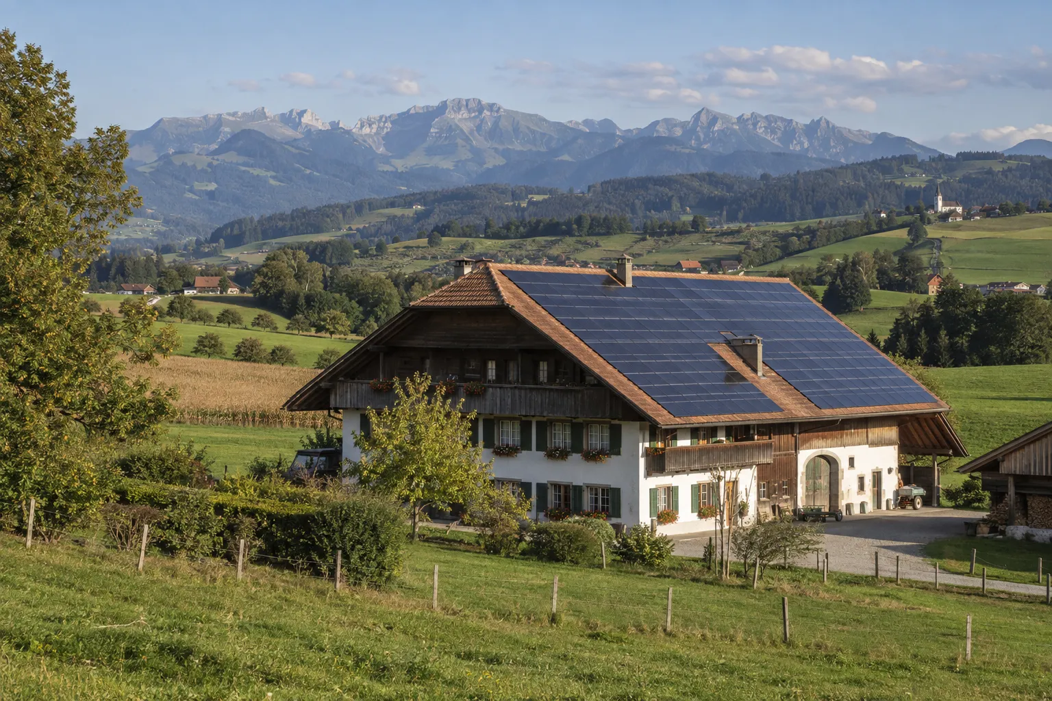 Freiburger Bauernhaus im Sensebezirk mit grossem Solardach.