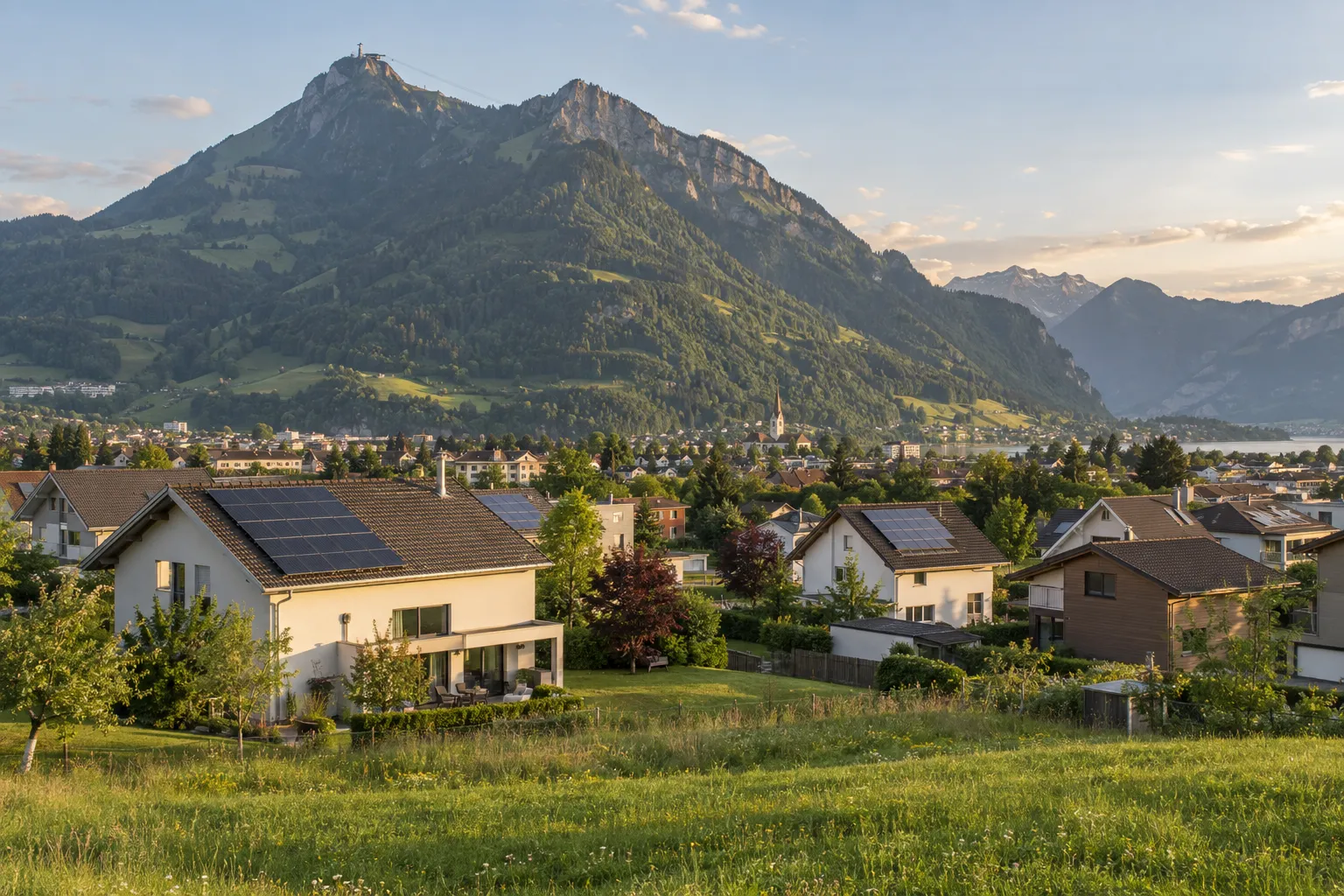 Einfamilienhäuser mit Solaranlagen bei Stans, dahinter das Stanserhorn.