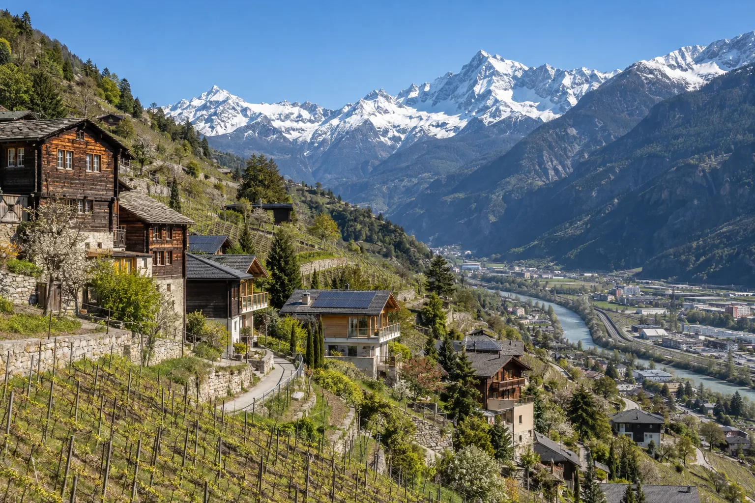 Sonnenhang im Oberwallis mit Chalets mit Solaranlagen und Rebbergen.
