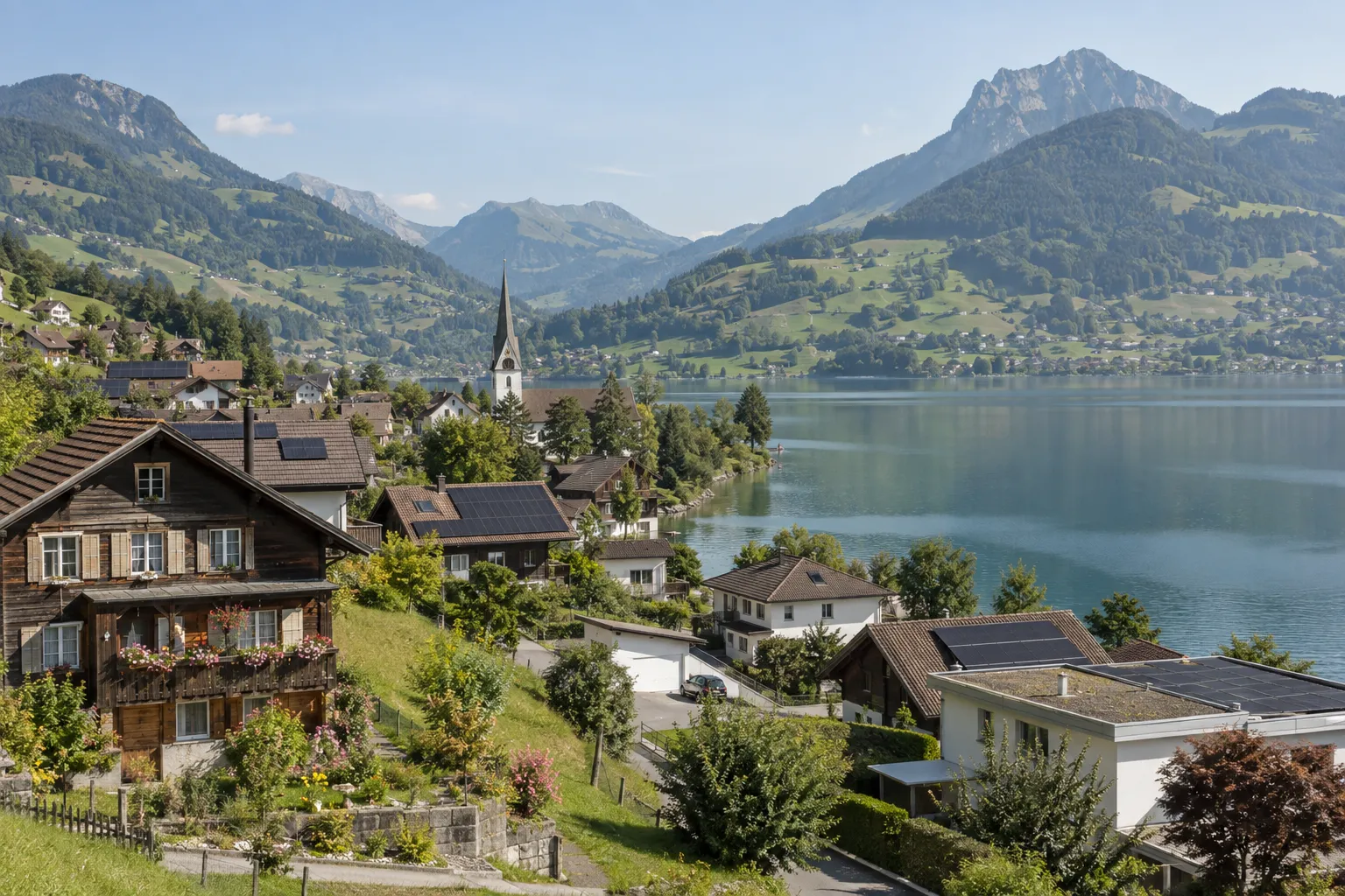 Dorf am Sarnersee mit Solaranlagen auf den Dächern.