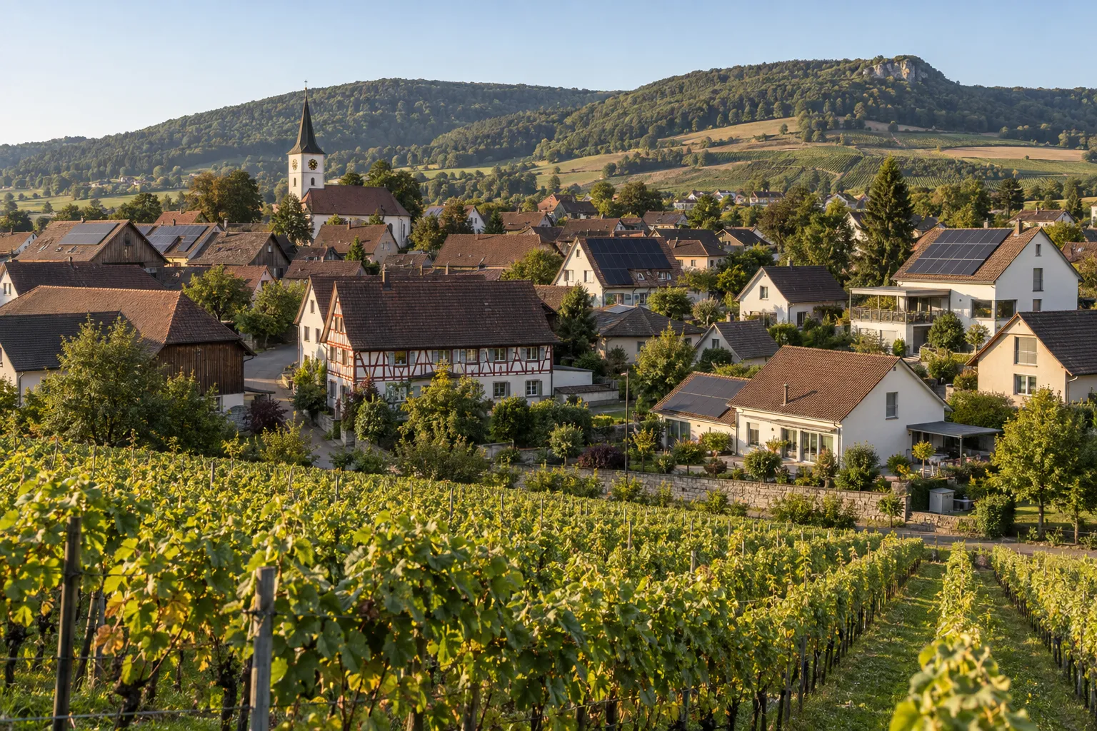 Weinbaudorf im Klettgau mit Solaranlagen auf den Dächern.