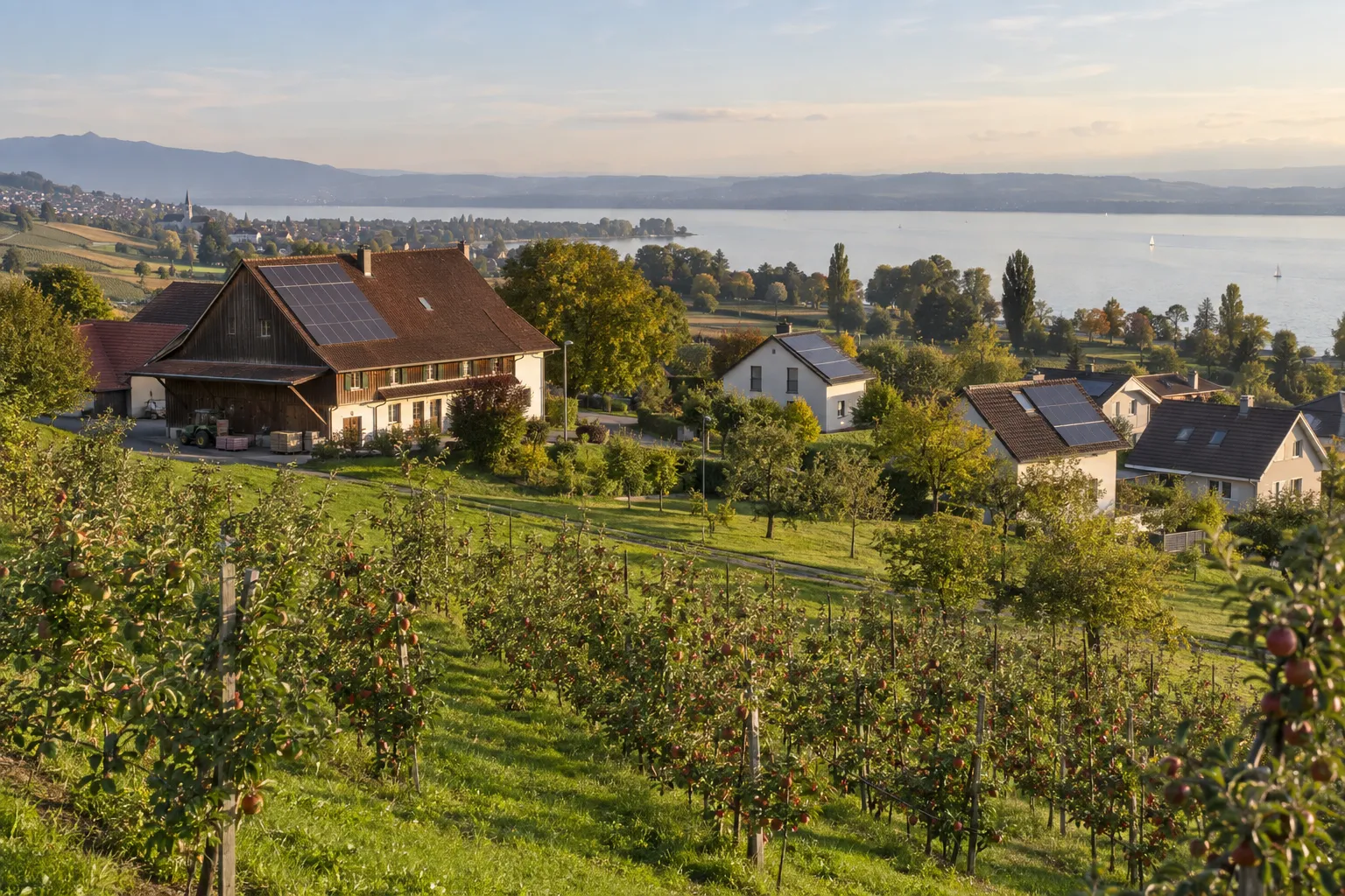 Thurgauer Hof mit Solaranlage zwischen Obstbäumen, in der Ferne der Bodensee.