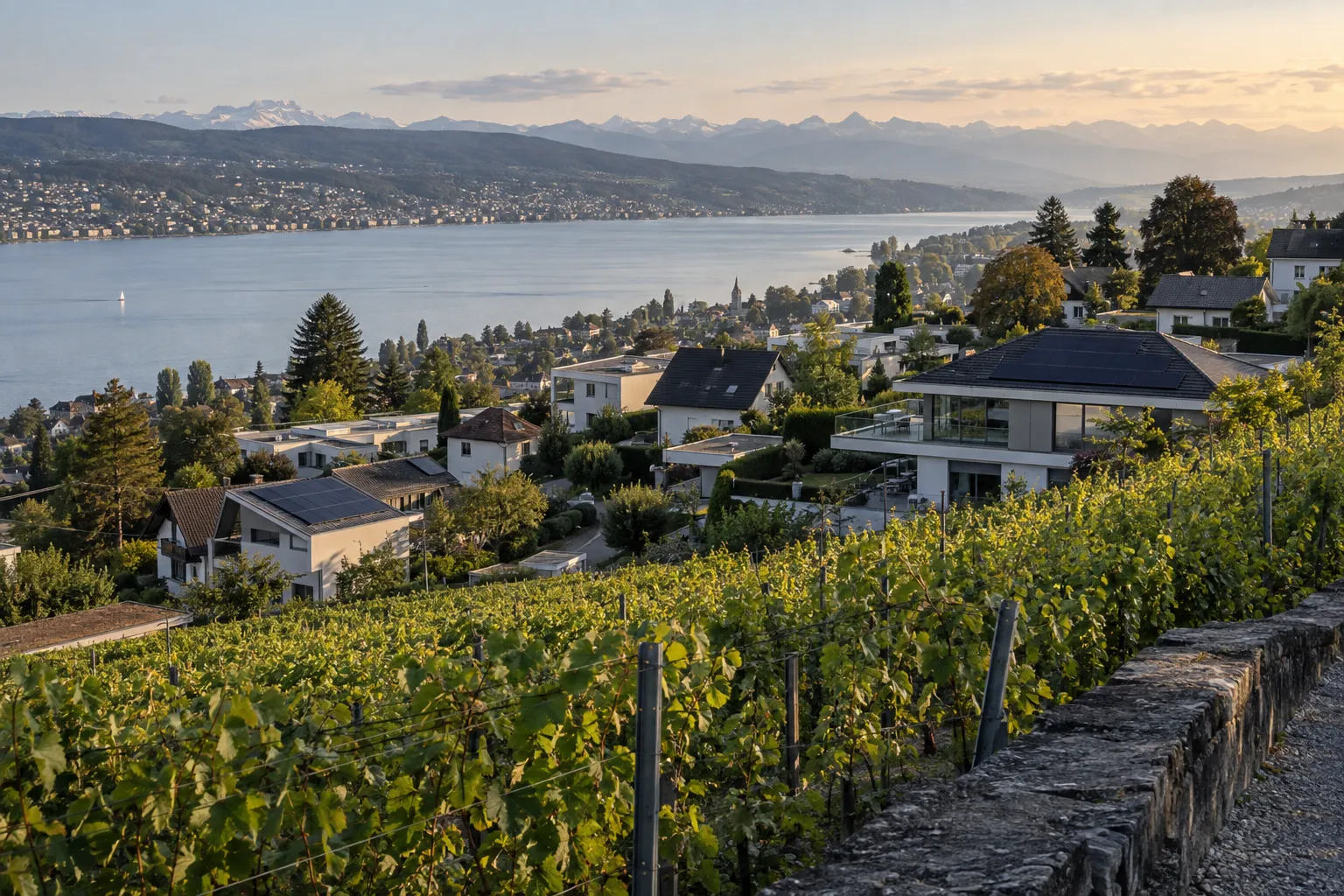 Wohnquartier am Zürichsee mit Solaranlagen auf mehreren Dächern.
