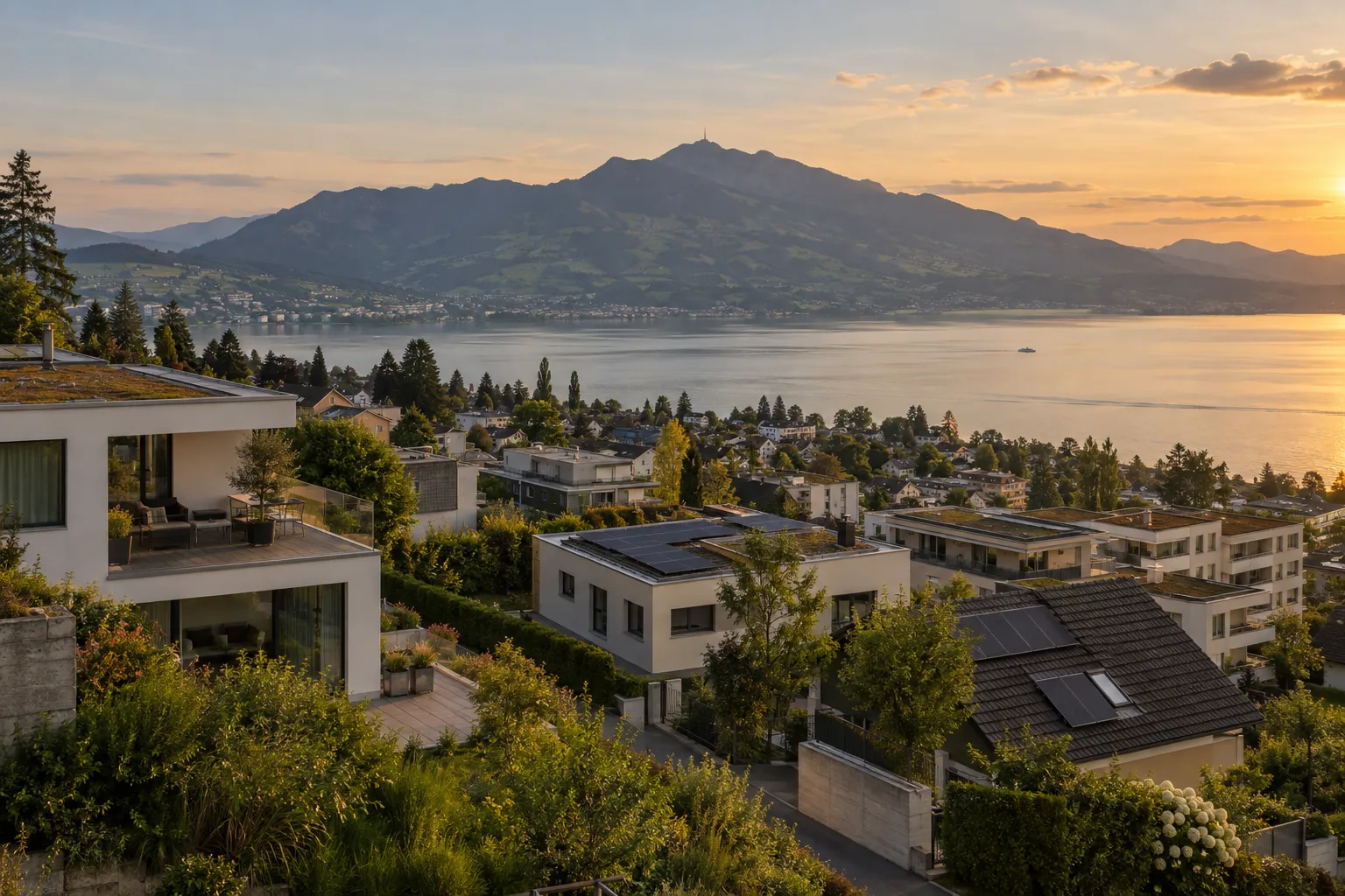 Moderne Wohnhäuser mit Solaranlagen über dem Zugersee, gegenüber die Rigi.