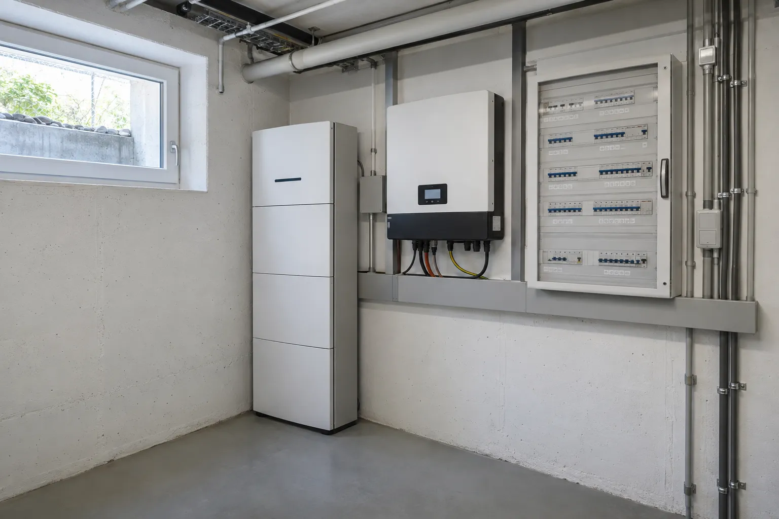 Batteriespeicher und Wechselrichter im Technikraum eines Einfamilienhauses.