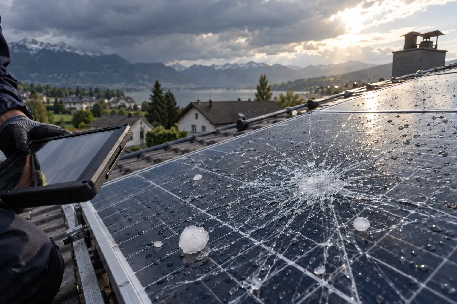 Solarmodul mit Hagelschaden, daneben ein Hagelkorn.
