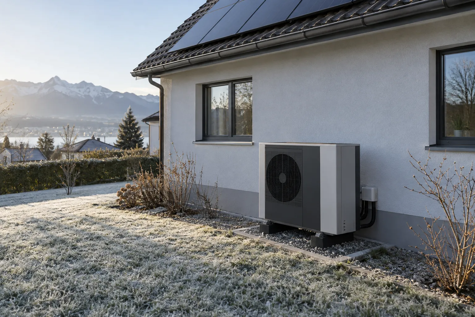 Wärmepumpe vor einem Einfamilienhaus mit Solaranlage im Winter.